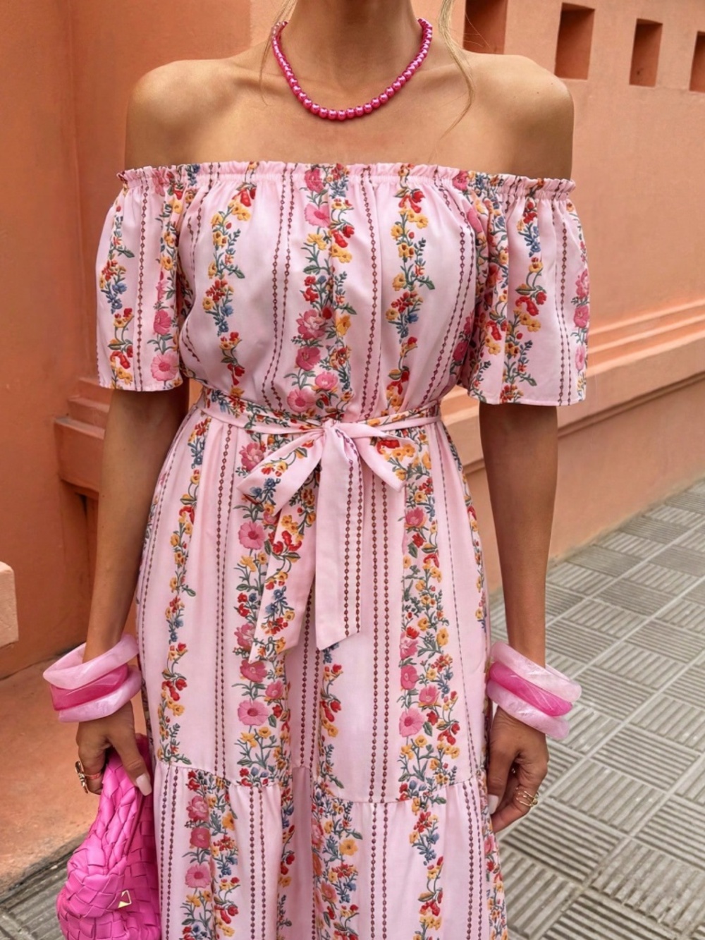Boho Floral print Off Shoulder Belted Ruffle Hem Maxi Dress - Picture 3 of 5